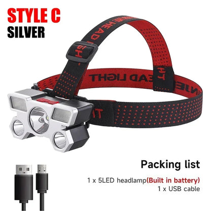 USB Rechargeable LED Headlamp, 5-LED Super Bright, Built-in Battery for Camping & Outdoor Use