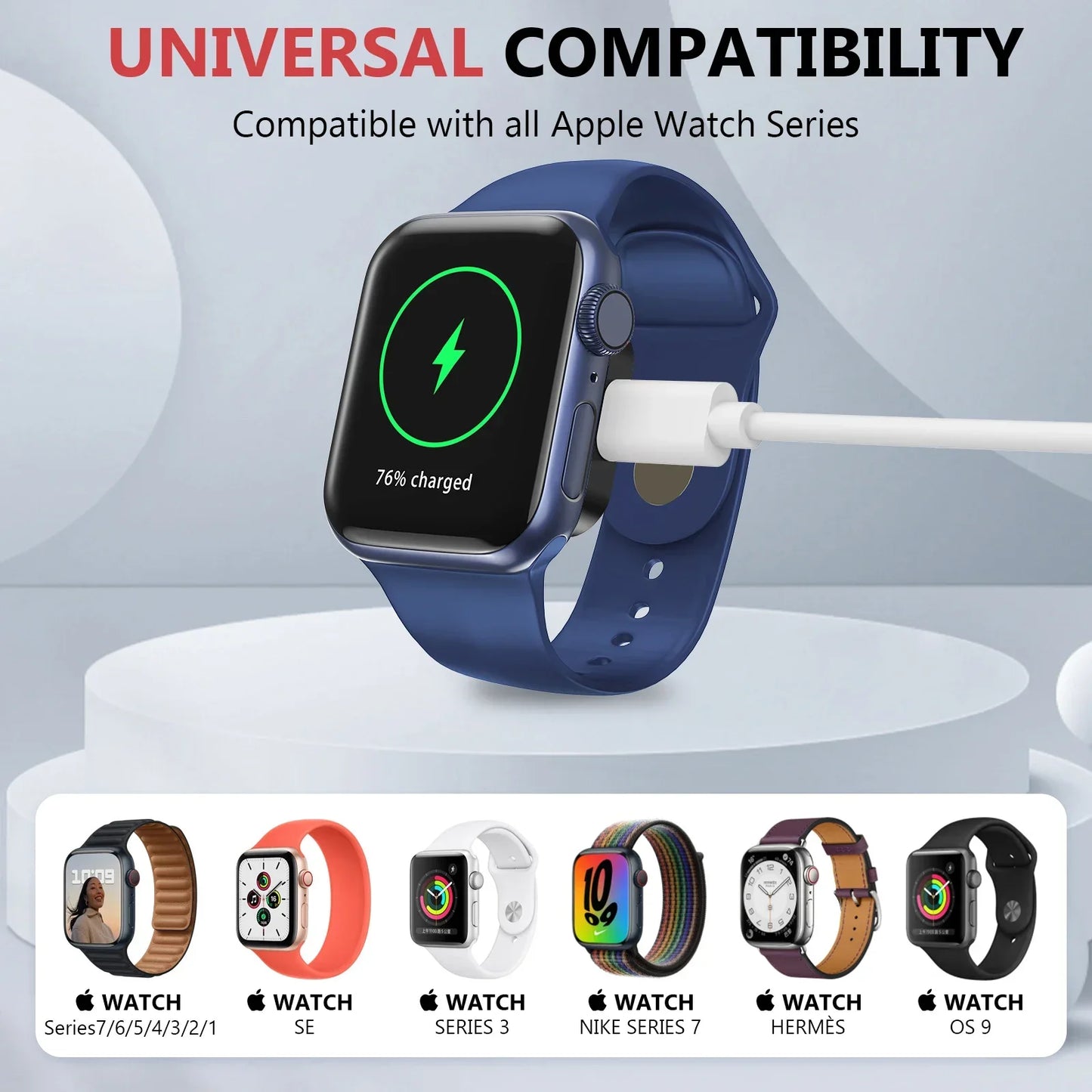 Portable Wireless Watch Fast Charger, Type-C, Compatible with Apple Watch Series 1-9, SE, Ultra