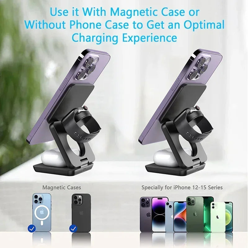 3-in-1 Foldable Magnetic Wireless Charger, Fast Charging Station for iPhone 12-15, Apple Watch & AirPods