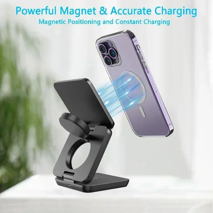 3-in-1 Foldable Magnetic Wireless Charger, Fast Charging Station for iPhone 12-15, Apple Watch & AirPods