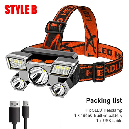 USB Rechargeable LED Headlamp, 5-LED Super Bright, Built-in Battery for Camping & Outdoor Use