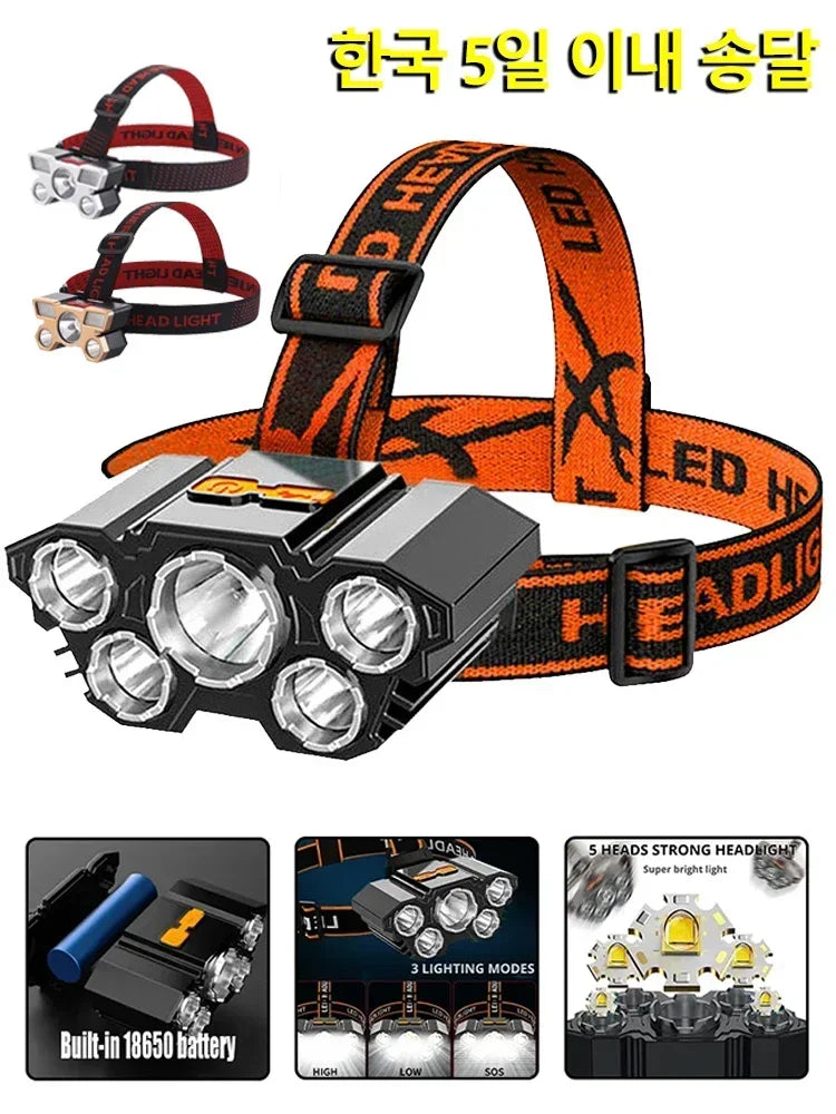 USB Rechargeable LED Headlamp, 5-LED Super Bright, Built-in Battery for Camping & Outdoor Use