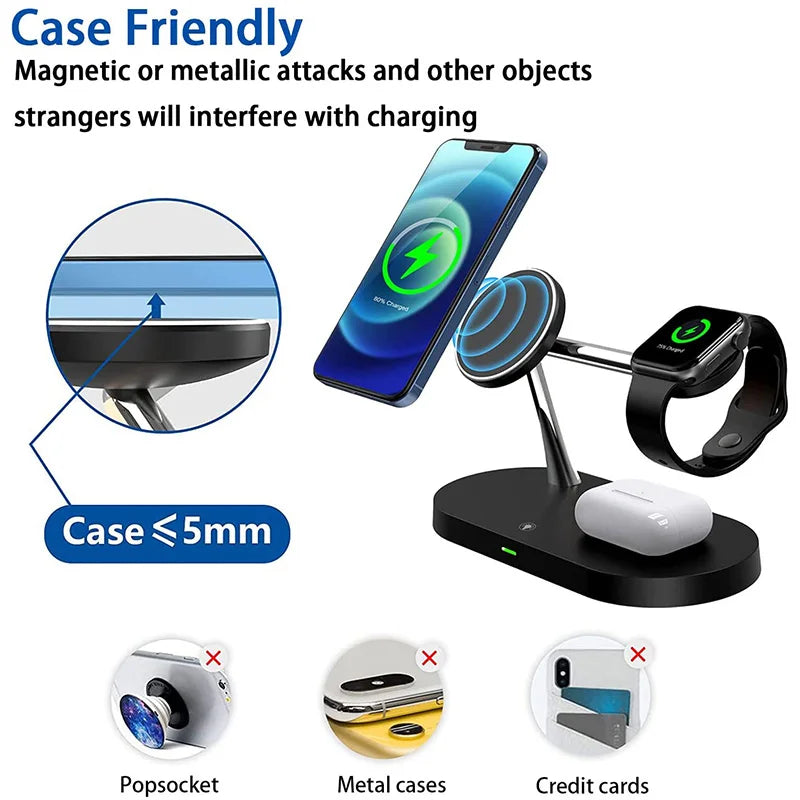 3-in-1 Wireless Charging Stand, Fast Charger for iPhone 12-16, Apple Watch 4-10 & AirPods 2/3 Pro