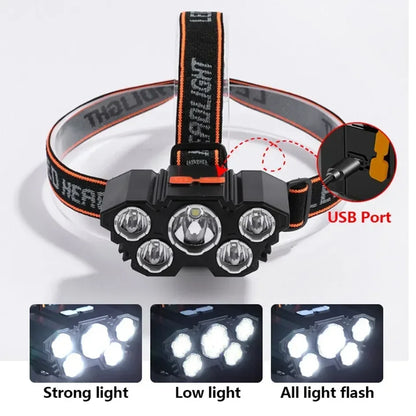 USB Rechargeable LED Headlamp, 5-LED Super Bright, Built-in Battery for Camping & Outdoor Use