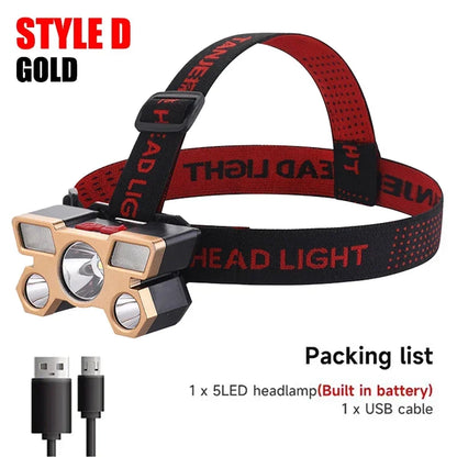 USB Rechargeable LED Headlamp, 5-LED Super Bright, Built-in Battery for Camping & Outdoor Use