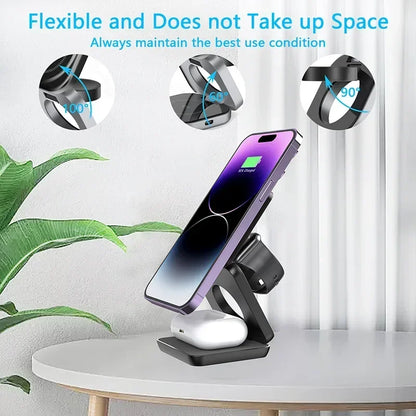 3-in-1 Foldable Magnetic Wireless Charger, Fast Charging Station for iPhone 12-15, Apple Watch & AirPods