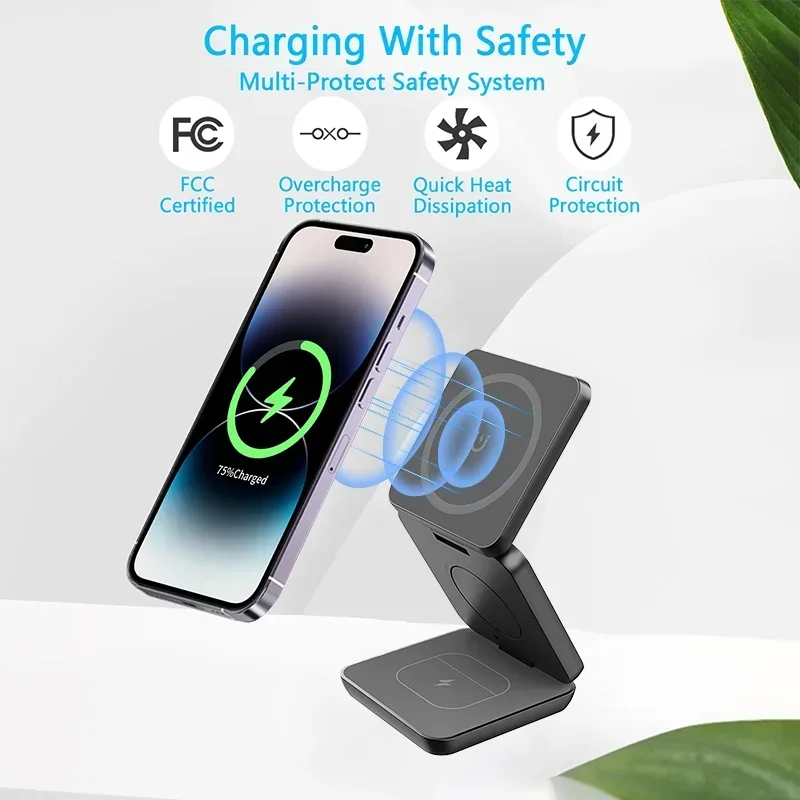 3-in-1 Foldable Magnetic Wireless Charger, Fast Charging Station for iPhone 12-15, Apple Watch & AirPods