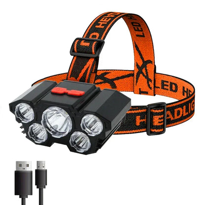 USB Rechargeable LED Headlamp, 5-LED Super Bright, Built-in Battery for Camping & Outdoor Use