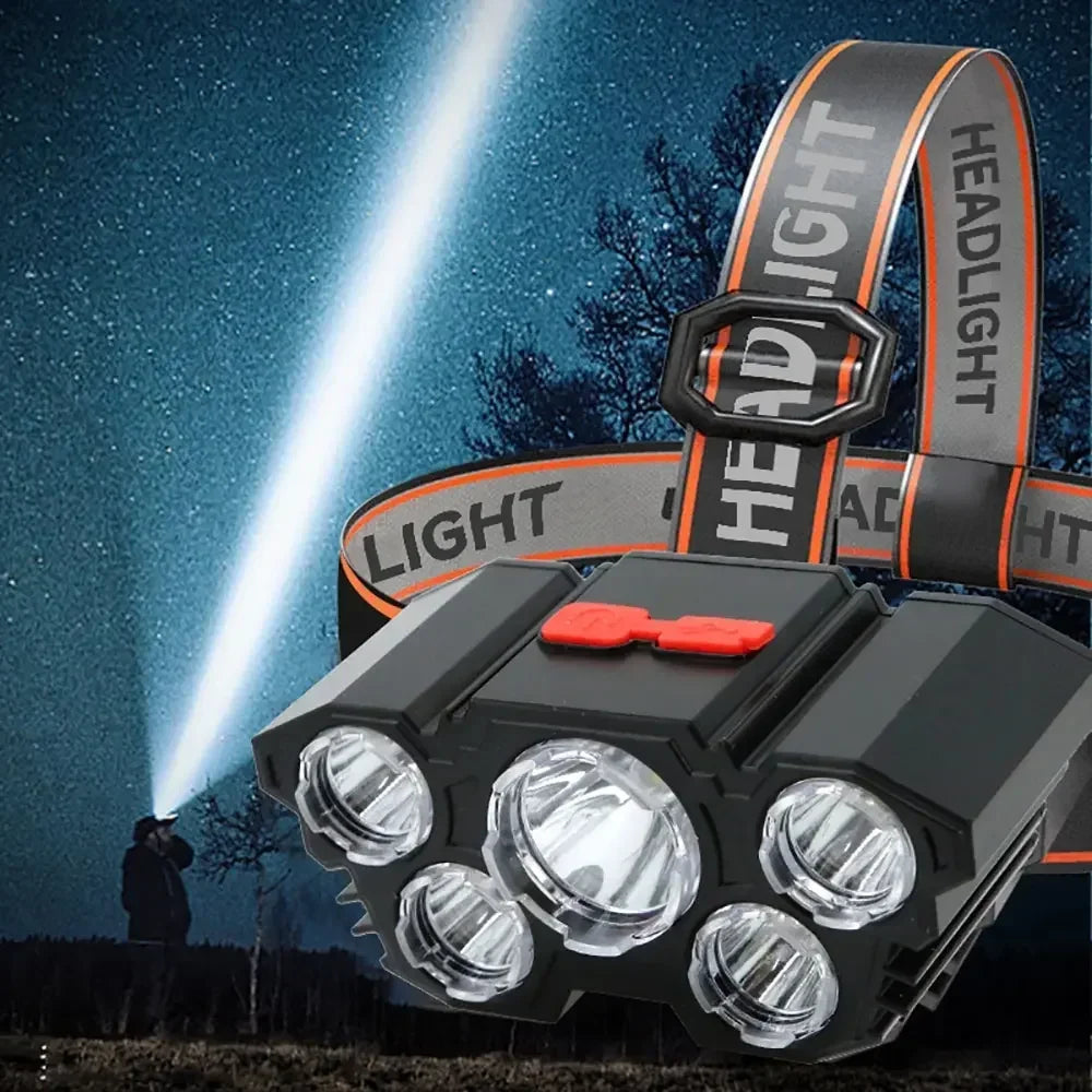 USB Rechargeable LED Headlamp, 5-LED Super Bright, Built-in Battery for Camping & Outdoor Use