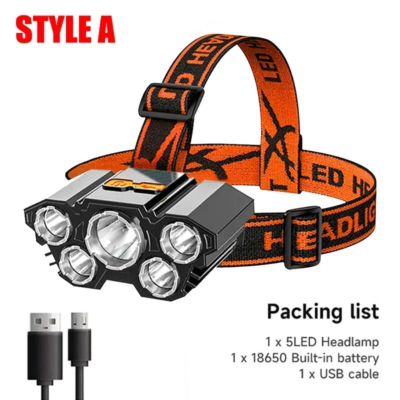 USB Rechargeable LED Headlamp, 5-LED Super Bright, Built-in Battery for Camping & Outdoor Use