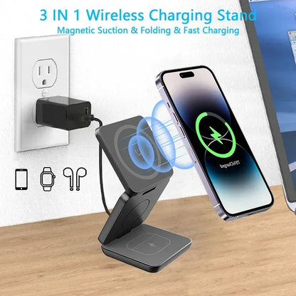 3-in-1 Foldable Magnetic Wireless Charger, Fast Charging Station for iPhone 12-15, Apple Watch & AirPods