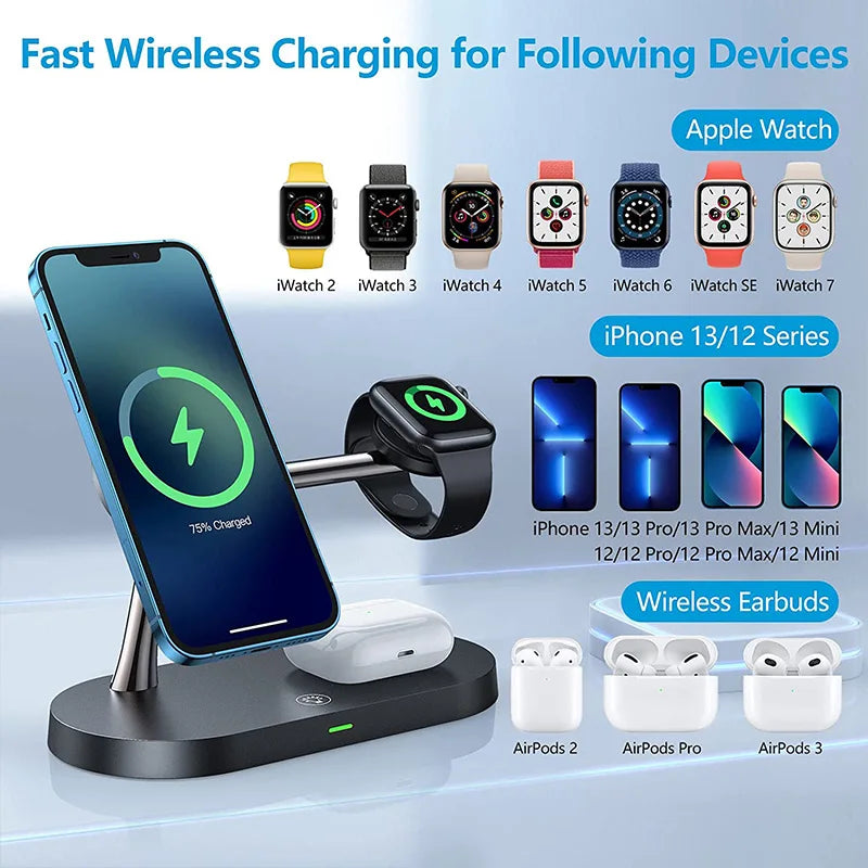 3-in-1 Wireless Charging Stand, Fast Charger for iPhone 12-16, Apple Watch 4-10 & AirPods 2/3 Pro