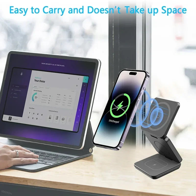 3-in-1 Foldable Magnetic Wireless Charger, Fast Charging Station for iPhone 12-15, Apple Watch & AirPods