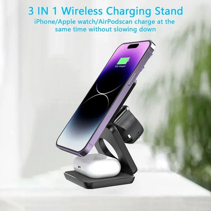 3-in-1 Foldable Magnetic Wireless Charger, Fast Charging Station for iPhone 12-15, Apple Watch & AirPods