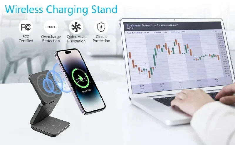 3-in-1 Foldable Magnetic Wireless Charger, Fast Charging Station for iPhone 12-15, Apple Watch & AirPods