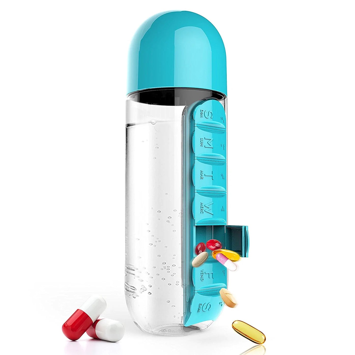 Water Bottle with Built-in Pill Organizer for Daily Supplements